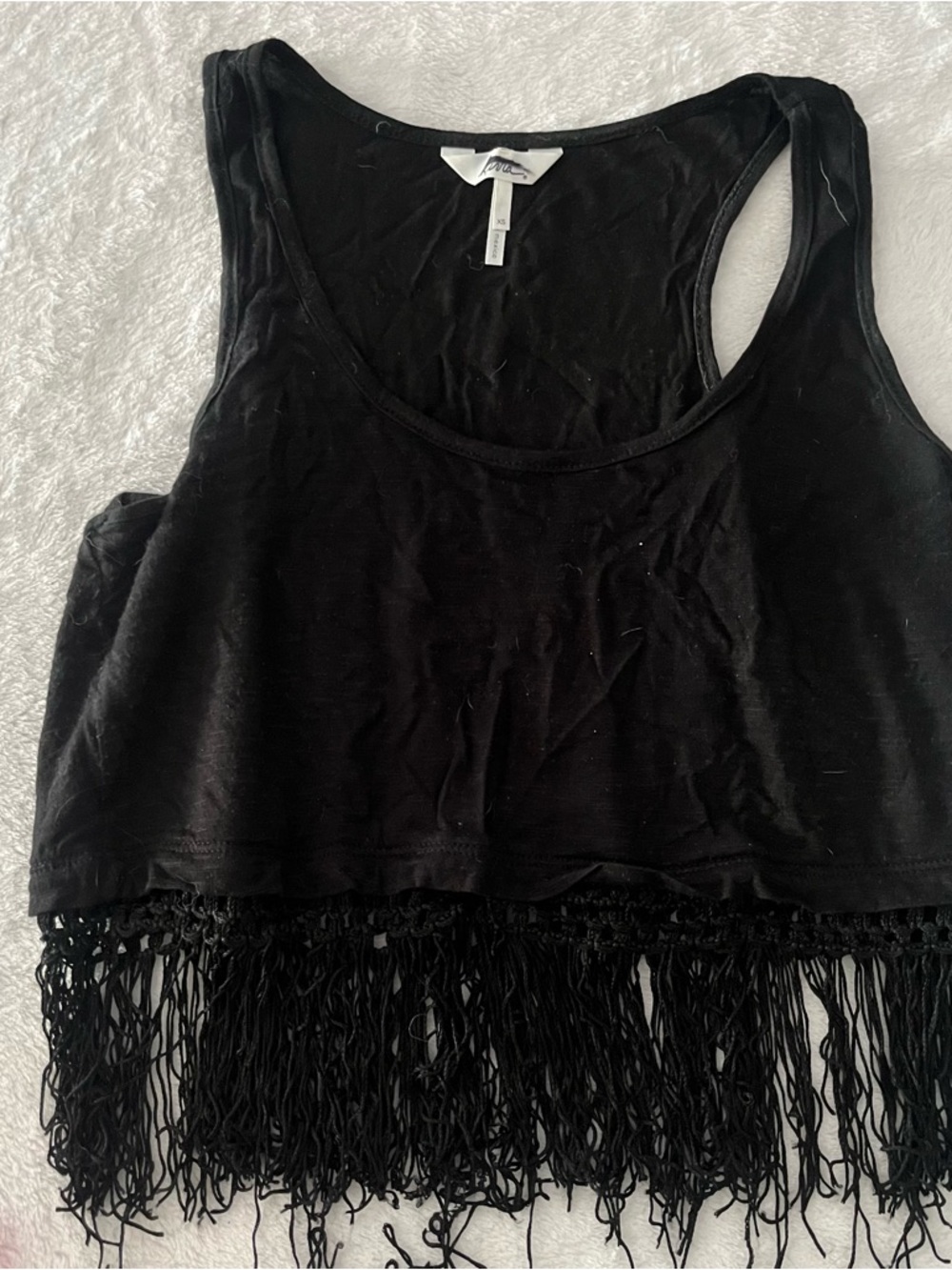 Kirra Oversized Crochet Fringe Trim Scoop Neck Tank Semi Sheer XS Imperfect